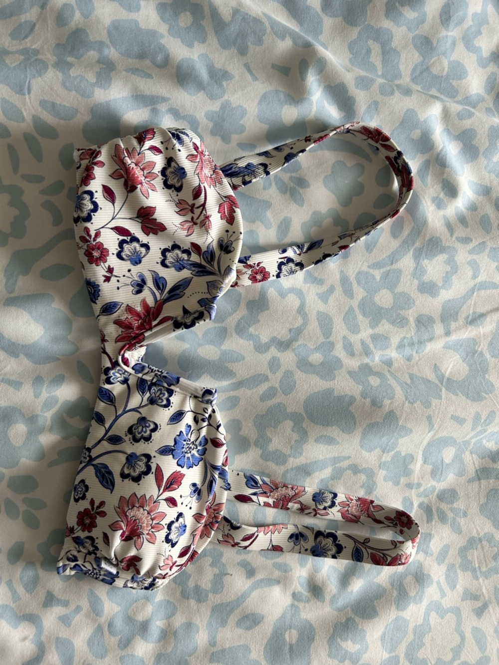 La Vie En Rose White Floral Bikini Top with Blue and Pink Flowers